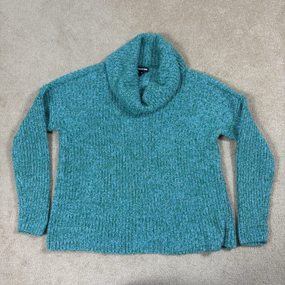 Lands End Womens Chunky Knit Cowl Neck Sweater Size XL Teal Cotton Wool Blend